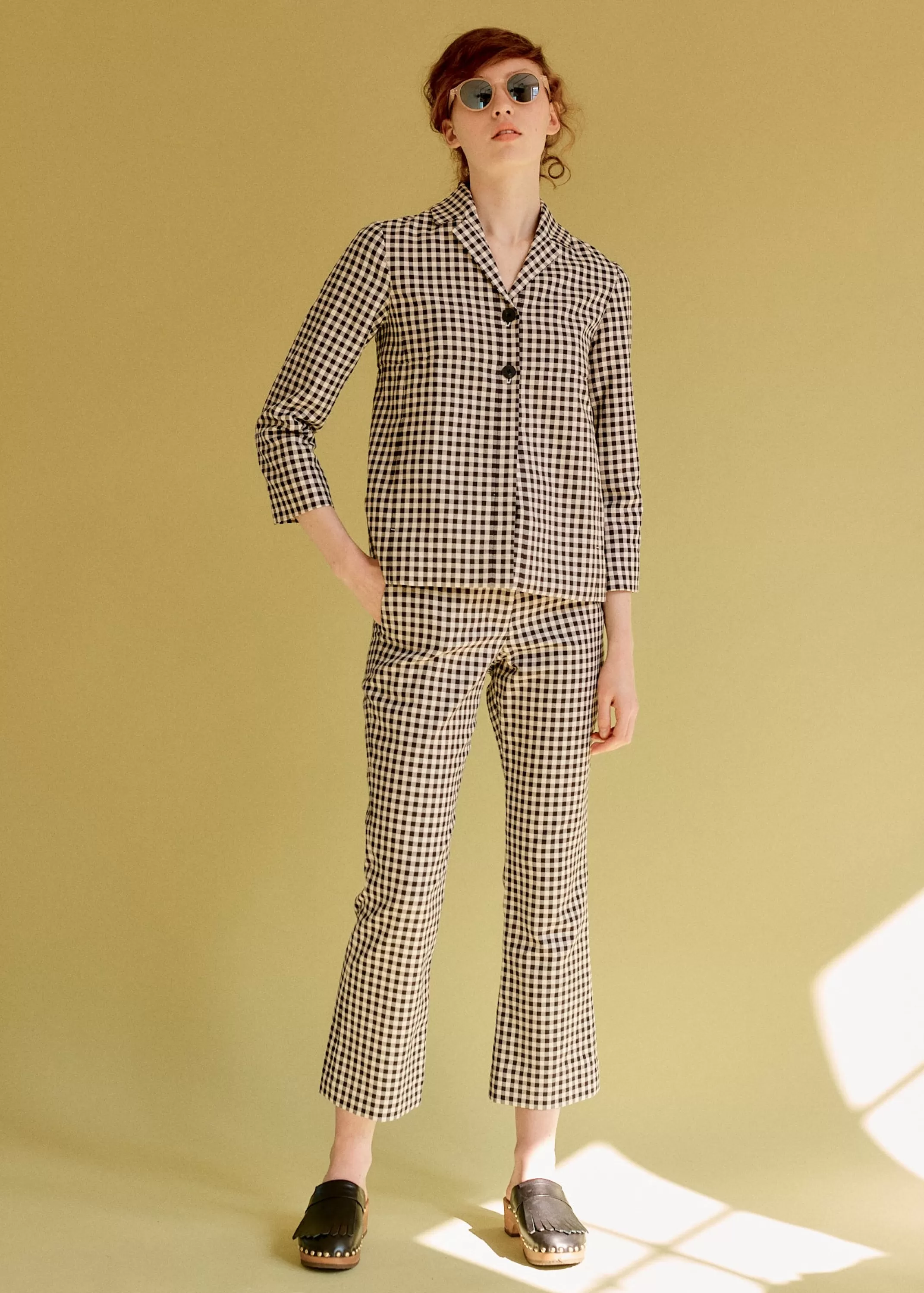 Trousers-CARAMEL Flared Trouser - Navy Check