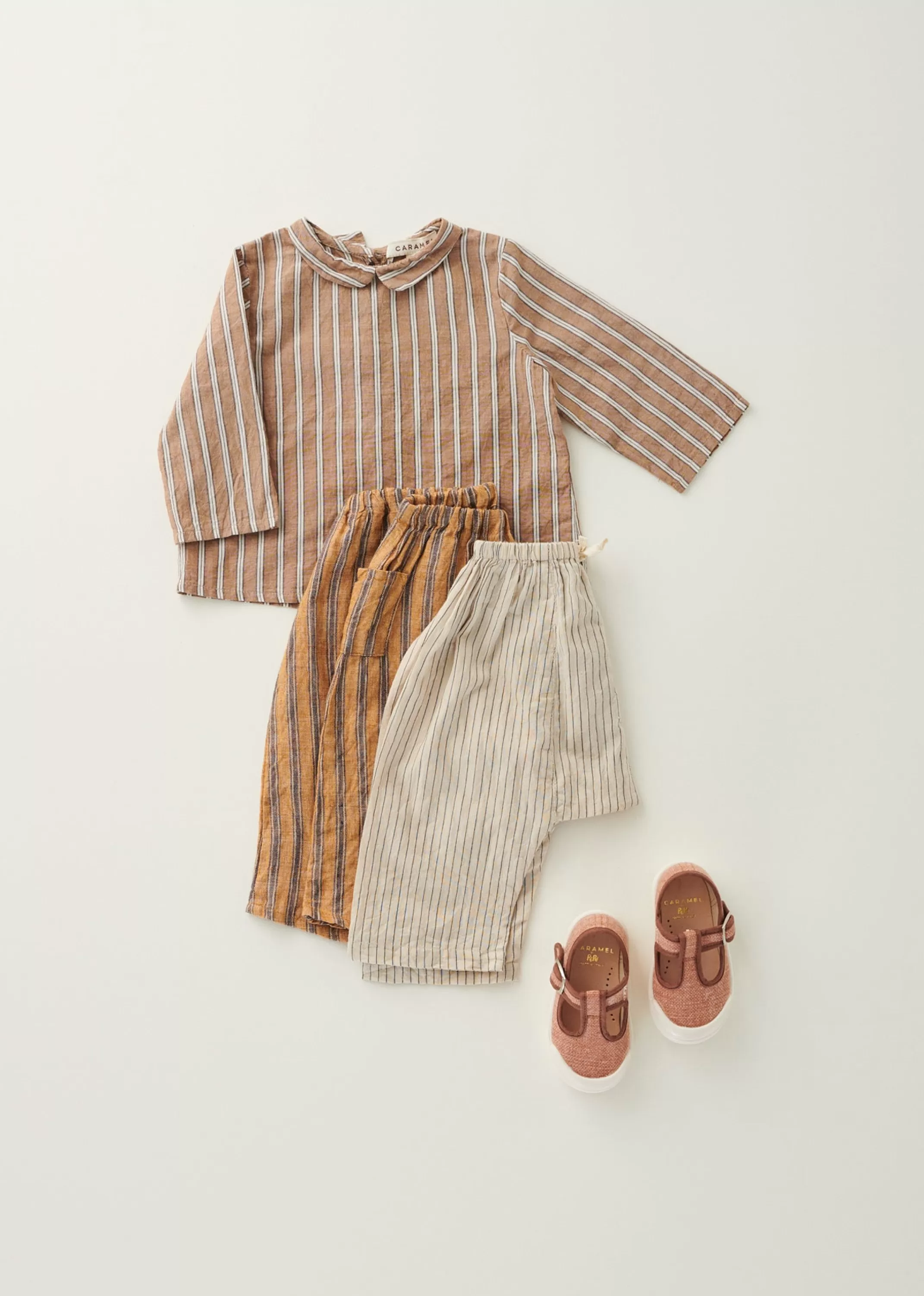 Trousers-CARAMEL Ficus Baby Trouser Mustard Stripe